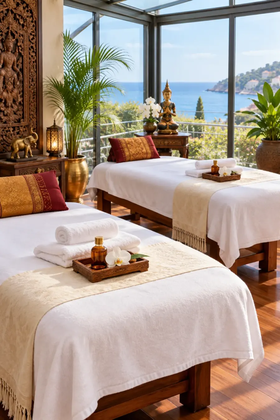 Le salon de massage thaï en véranda de Siam elite wellness à Saint-Cyprien-Plage